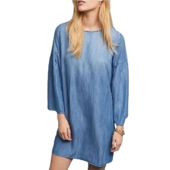 Anthropologie CLOTH & STONE Chambray Tencel Tie Back Bell Sleeve Dress M - Picture 2 of 9